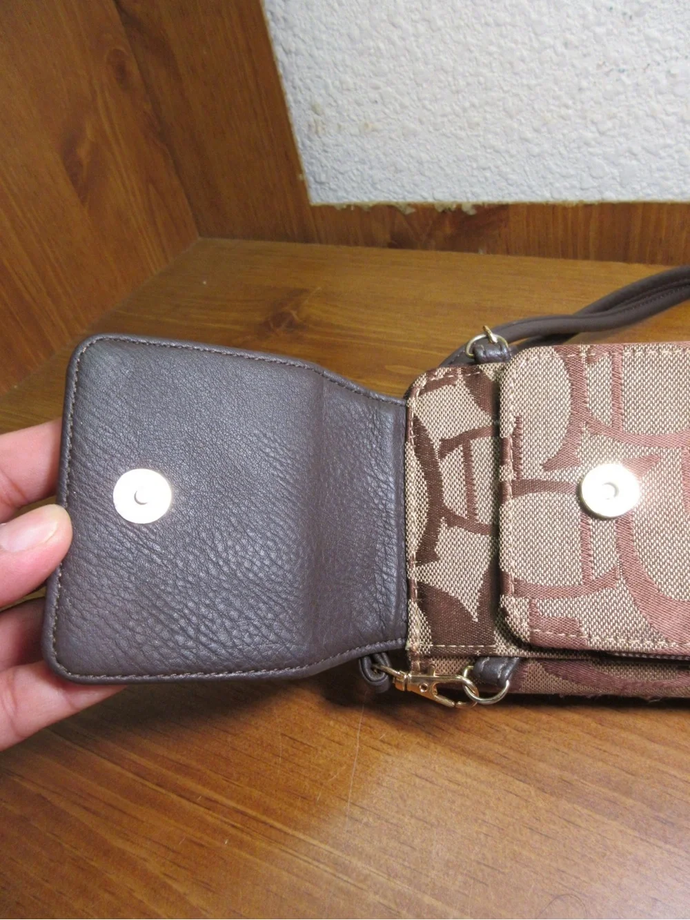 Brown Crossbody Phone Wallet with Gold Accent